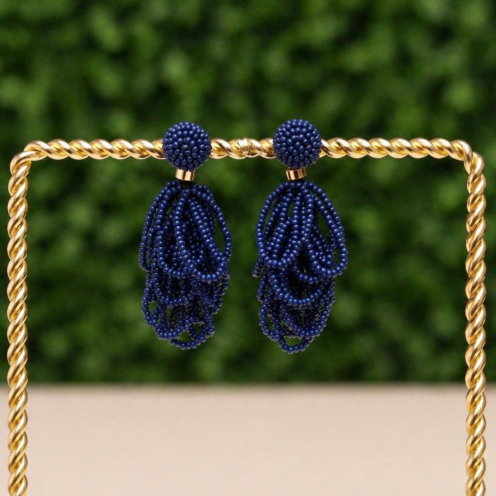Navy Palm Beach Loop Earrings| Custom Beaded Statement Earrings