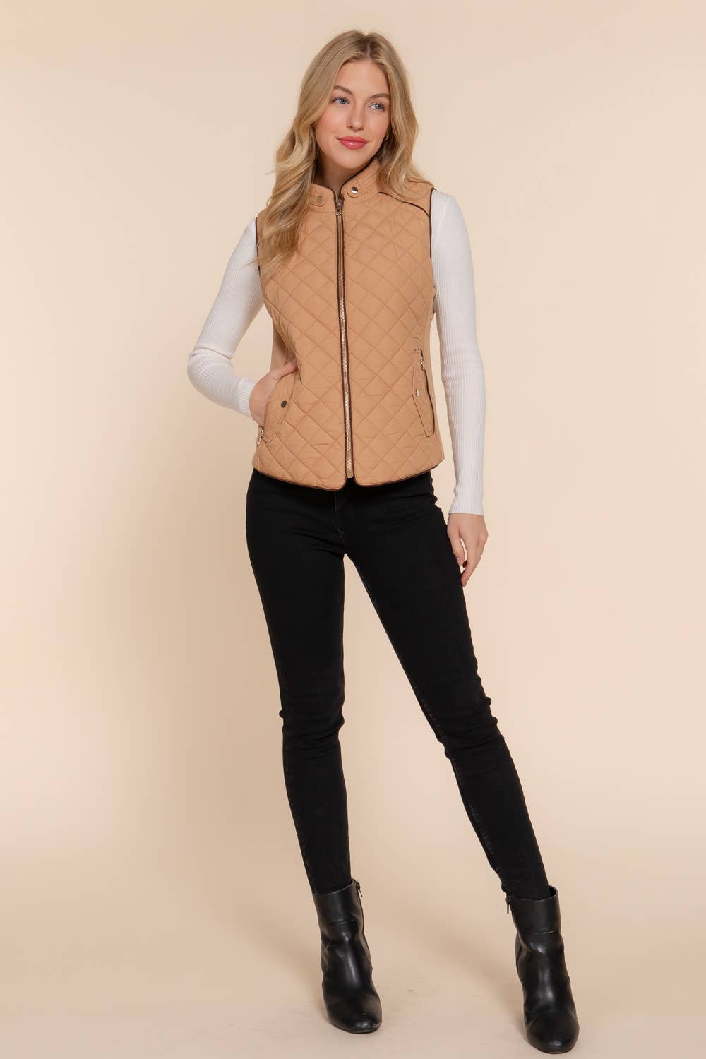 Suede Piping Detail Rib Quilted Padding Vest: TPE-pale taupe / L