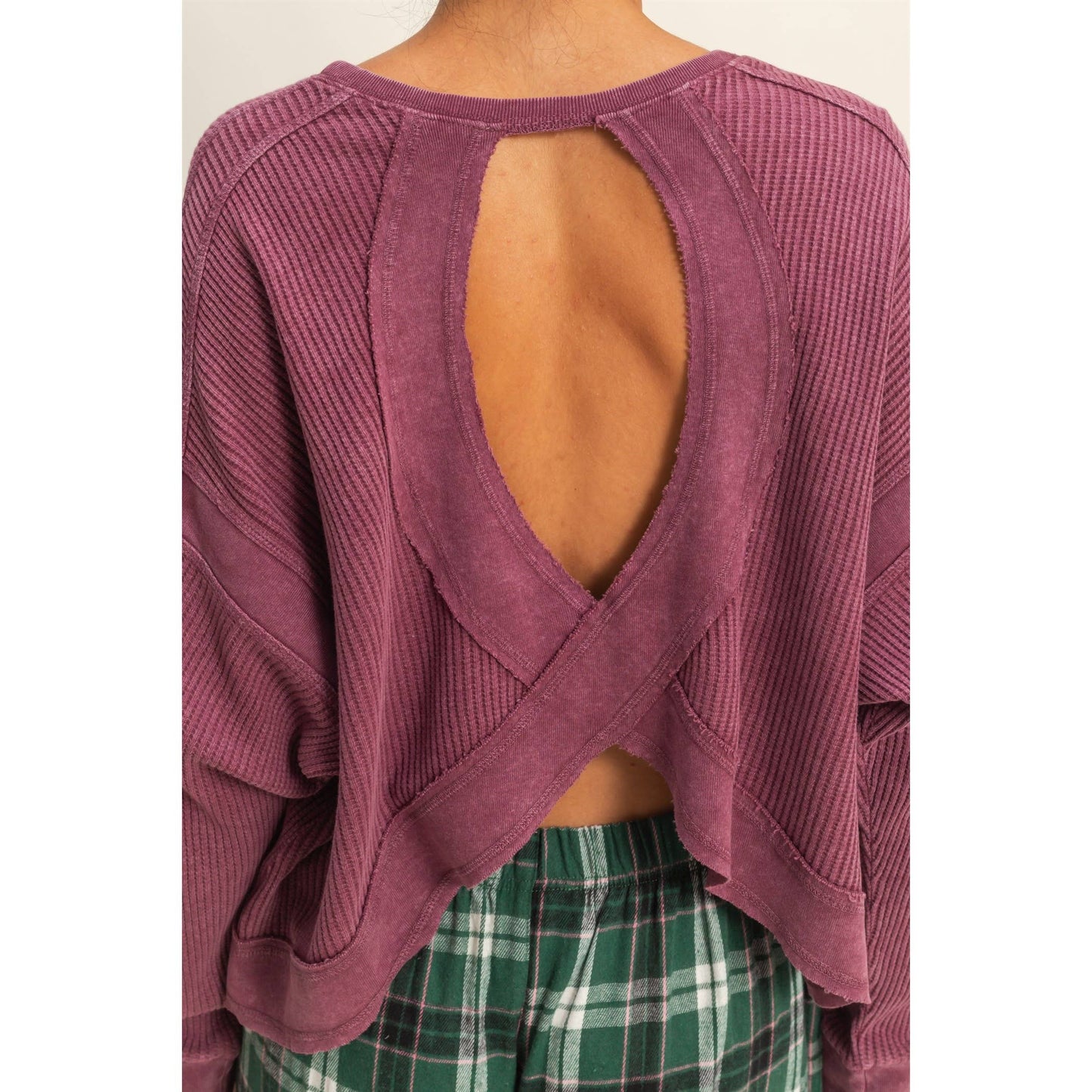 Chic Open Back Textured Knit Long Sleeve Top