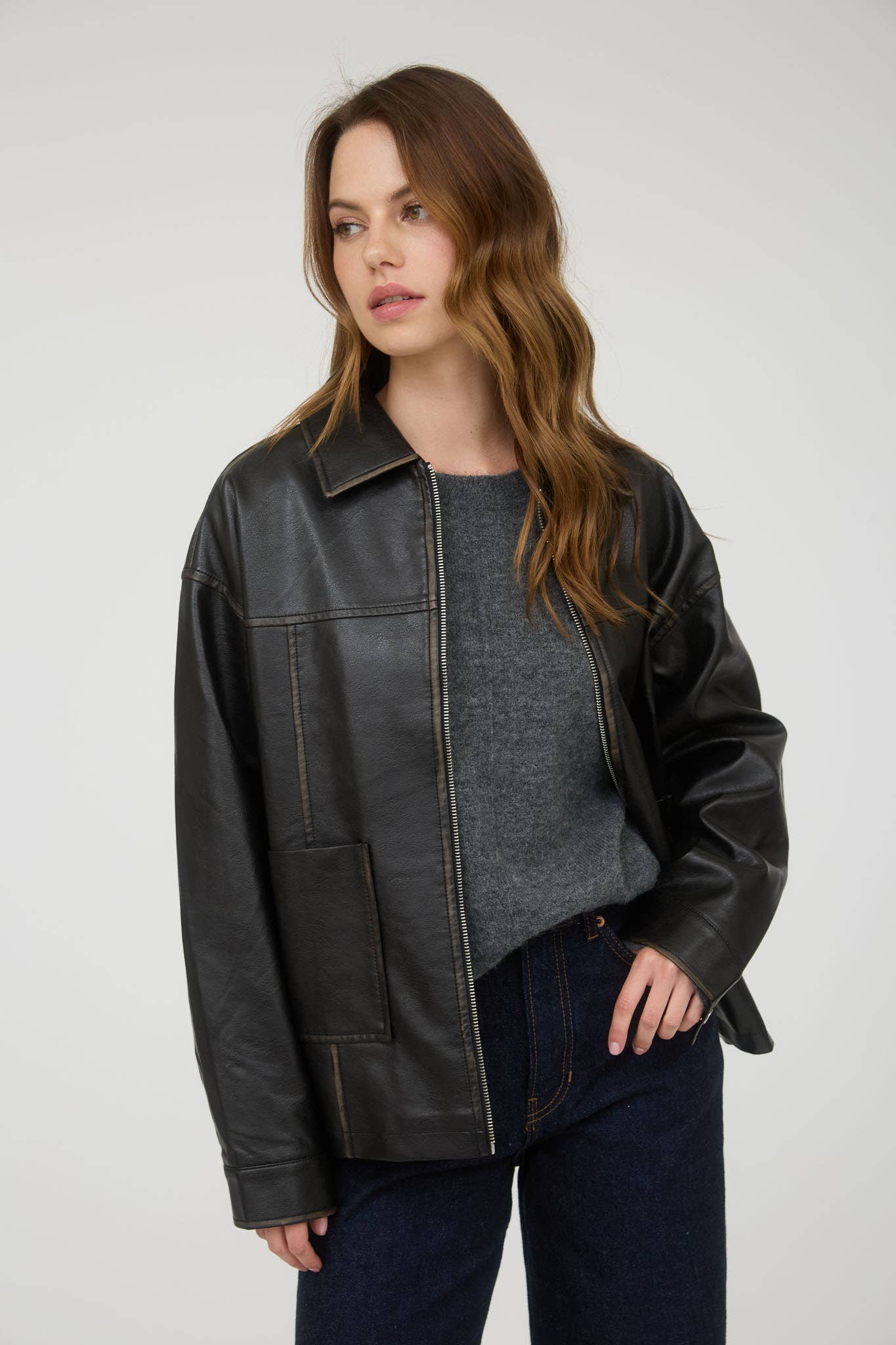 WASHED FAUX LEATHER COLLARED ZIP-UP JACKET : BROWN