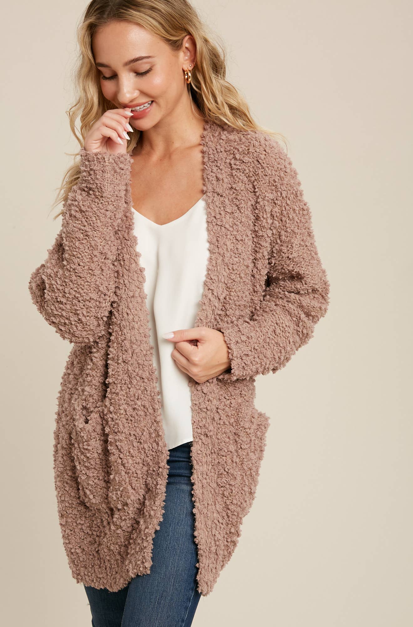 FLUFFY BOUCLÉ OPEN FRONT CARDIGAN: HUNTER GREEN / M/L