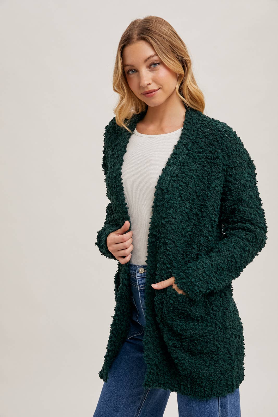 FLUFFY BOUCLÉ OPEN FRONT CARDIGAN: HUNTER GREEN / M/L