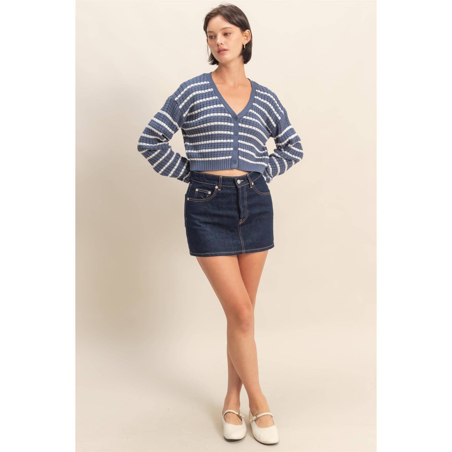 Striped Long Sleeve Buttoned Sweater Cardigan: DUSTY NAVY/WHITE