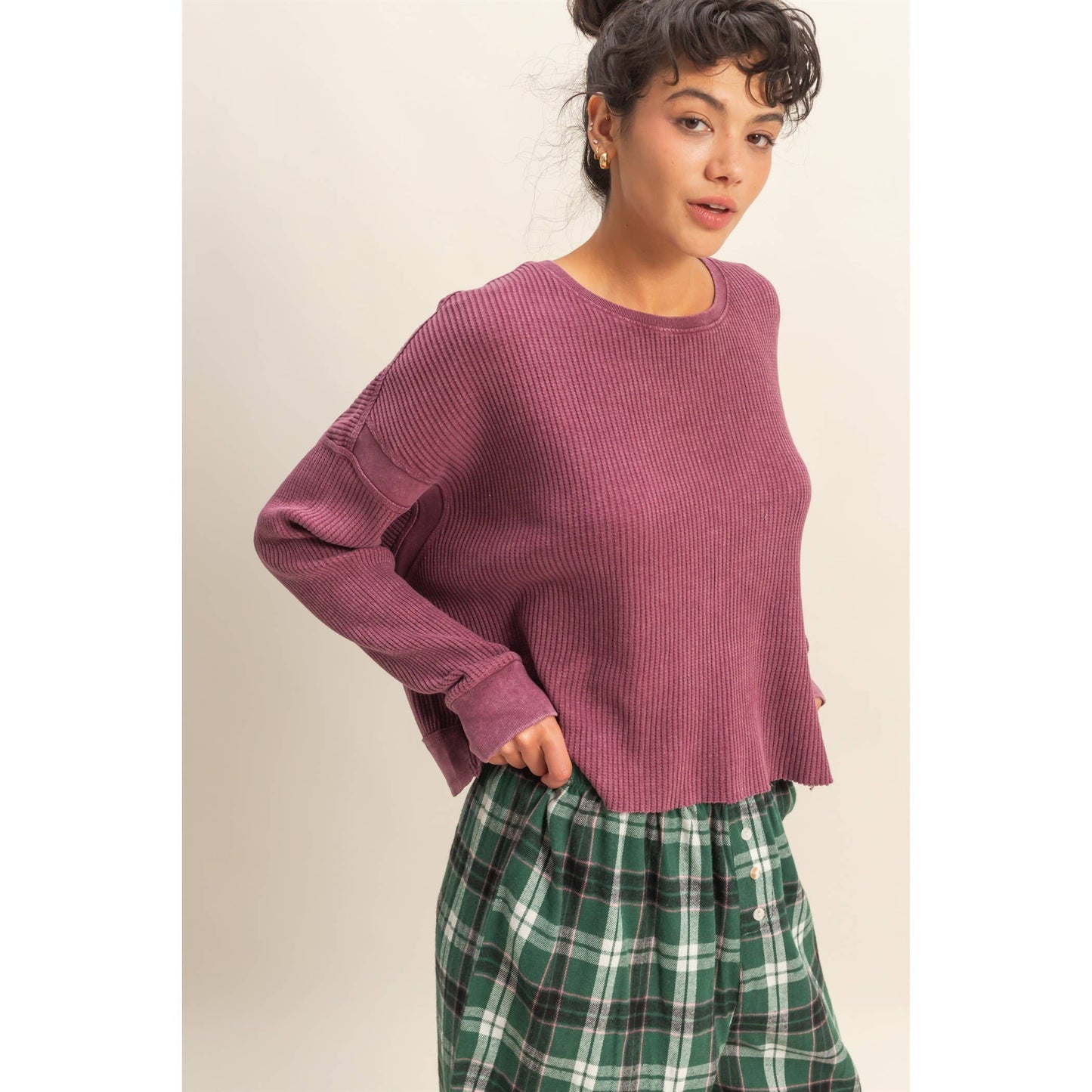 Chic Open Back Textured Knit Long Sleeve Top