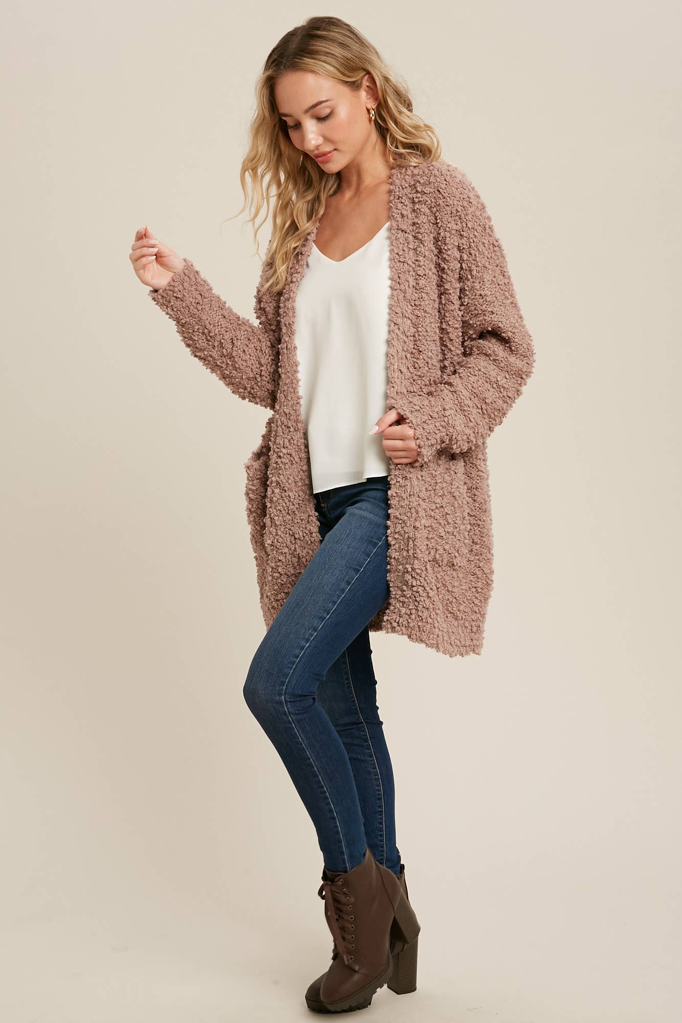 FLUFFY BOUCLÉ OPEN FRONT CARDIGAN: HUNTER GREEN / M/L