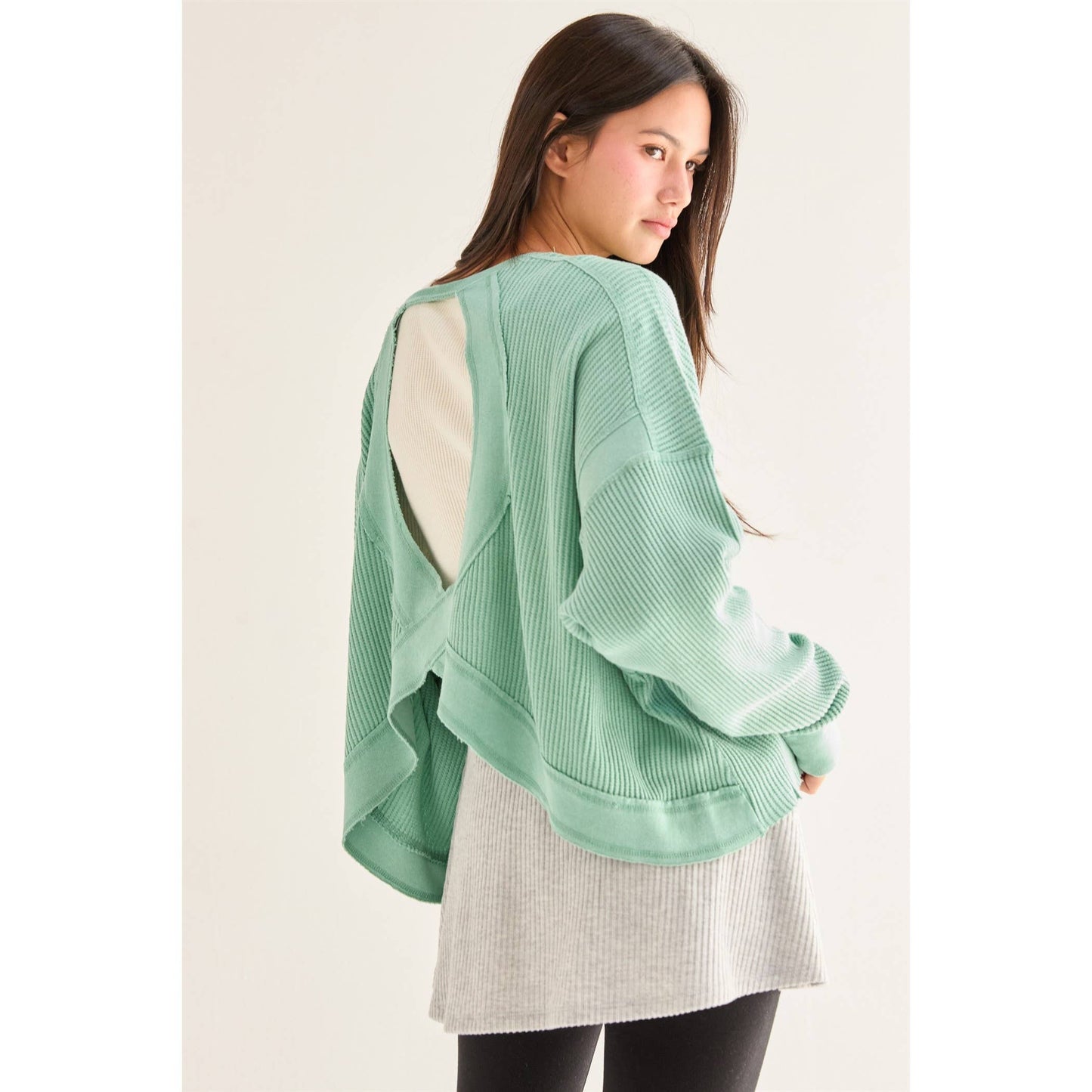 Chic Open Back Textured Knit Long Sleeve Top