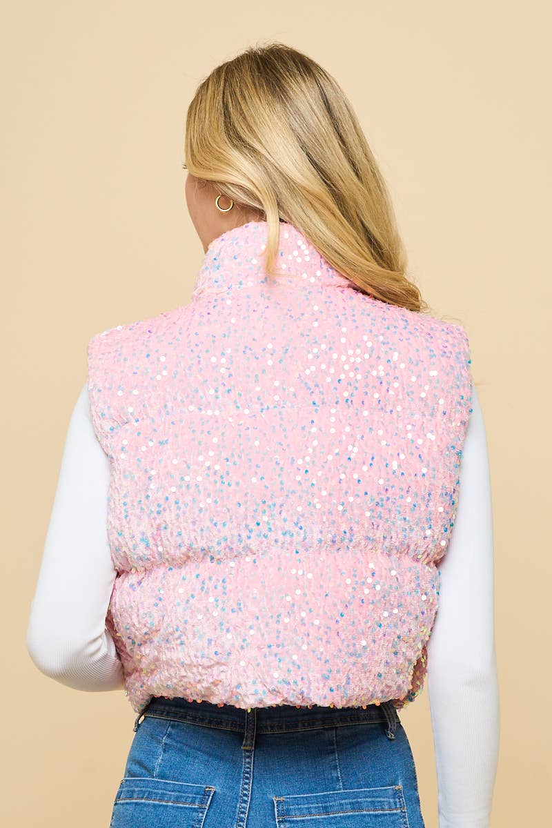 2687- SEQUIN PUFFER VEST: Pink