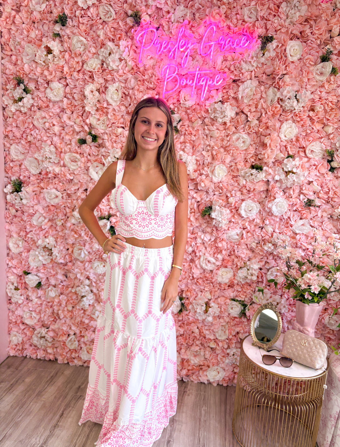 Pink And White 2 Piece Skirt Set