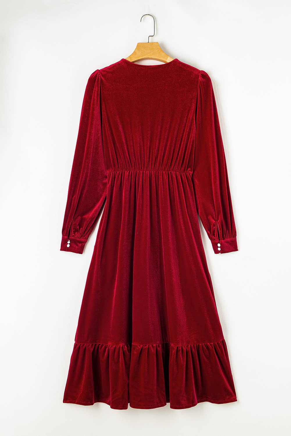 Velvet Buttoned Puff Sleeve Split Midi Dress: Racing Red / 95%Polyester+5%Elastane / L