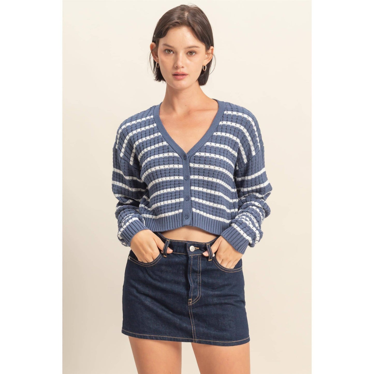 Striped Long Sleeve Buttoned Sweater Cardigan: DUSTY NAVY/WHITE