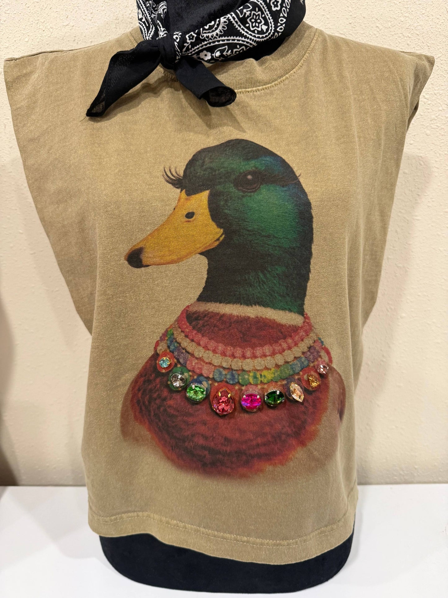 Jeweled Collar Mallard Duck on Faded Army AA Muscle 307GD: No Bling / L