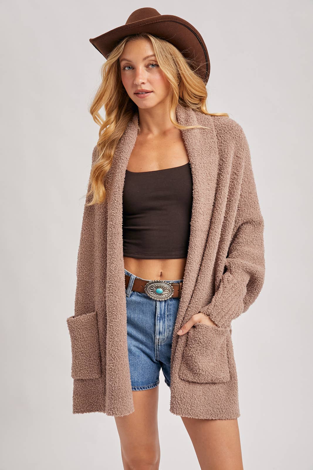 OPEN FRONT BLANKET WRAP BOUCLE KNIT SWEATER CARDIGAN: LATTE / One Size
