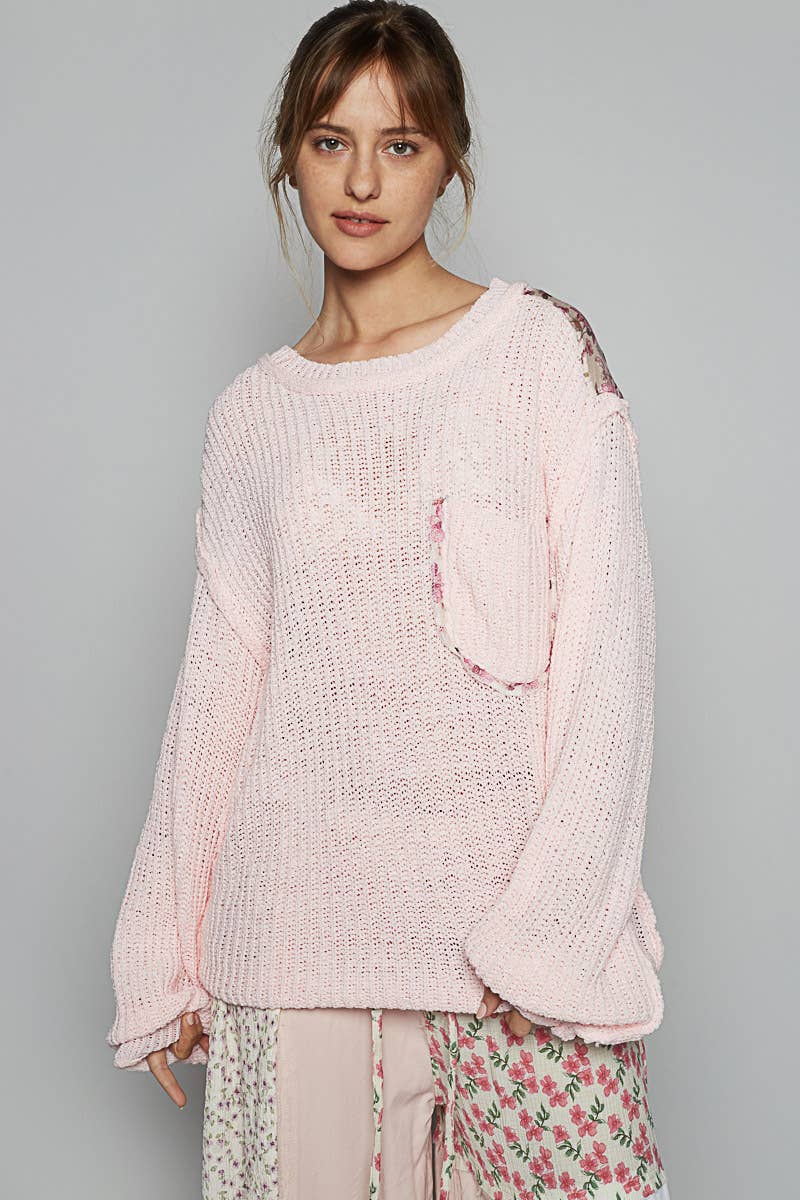 Round neck solid pocket thin sweater top: PINK BLUSH