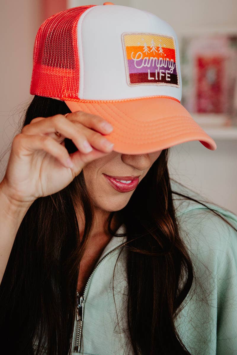 Camping LIFE Patch Foam Trucker Cap Wholesale: Coral and White