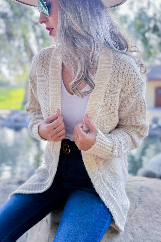 Two Tone Textured Open Front Long Sleeve Knit Cozy Cardigan: Beige Ivory / One Size