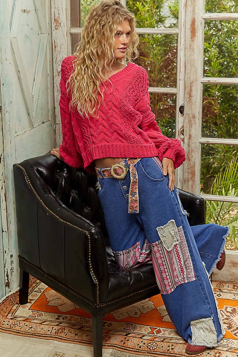 V-neck semi cropped top in chenille sweater