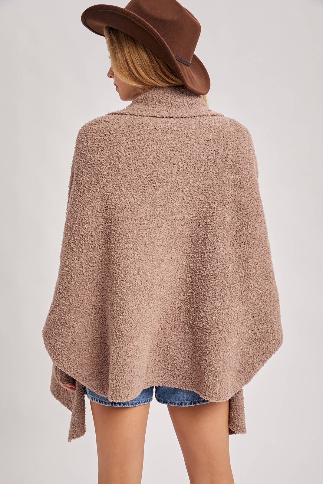 OPEN FRONT BLANKET WRAP BOUCLE KNIT SWEATER CARDIGAN: LATTE / One Size