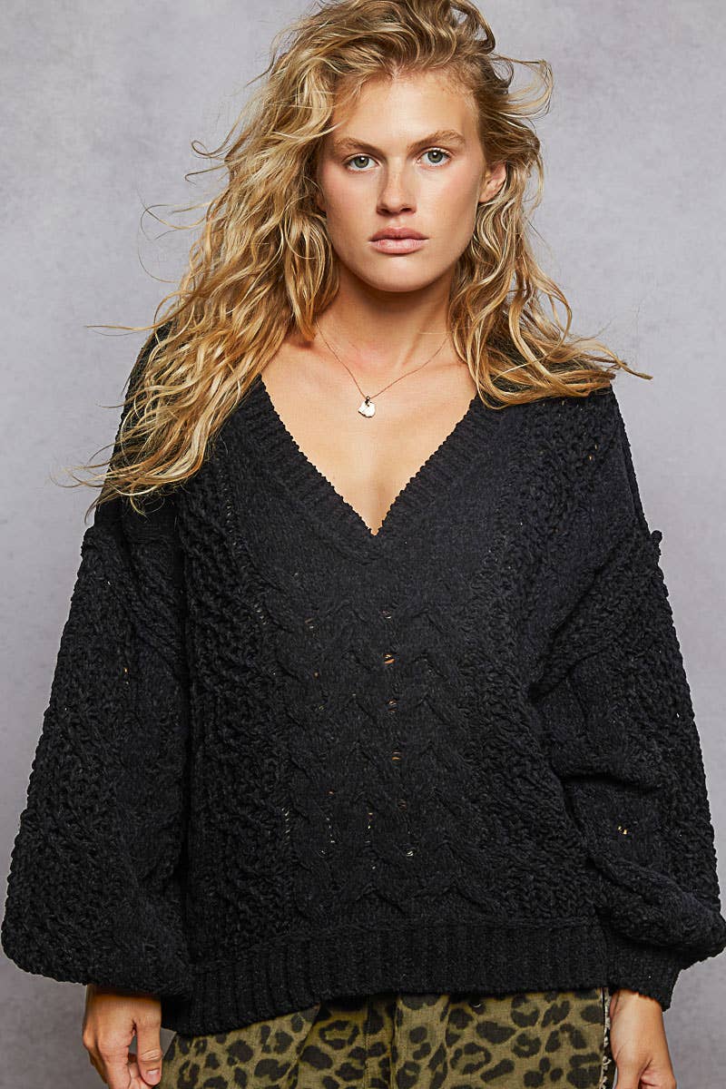 V-neck semi cropped top in chenille sweater