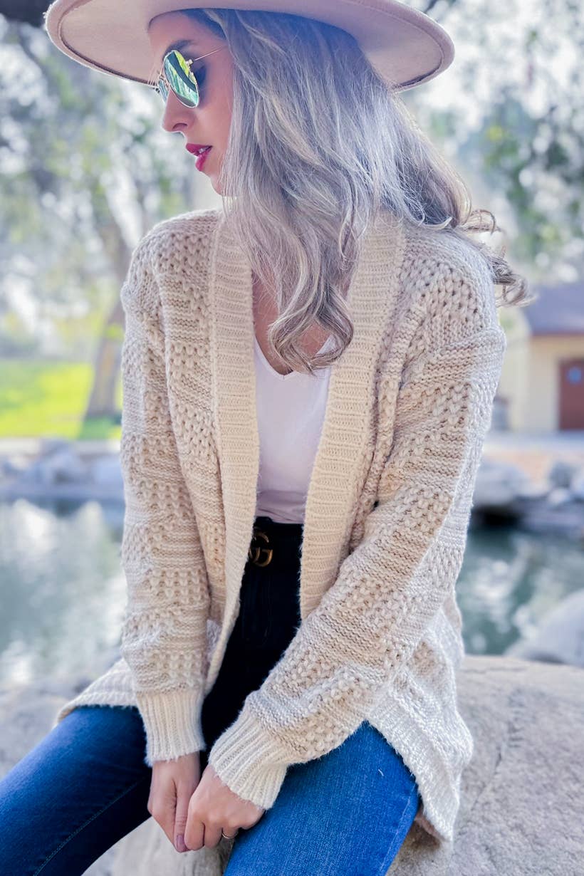 Two Tone Textured Open Front Long Sleeve Knit Cozy Cardigan: Beige Ivory / One Size