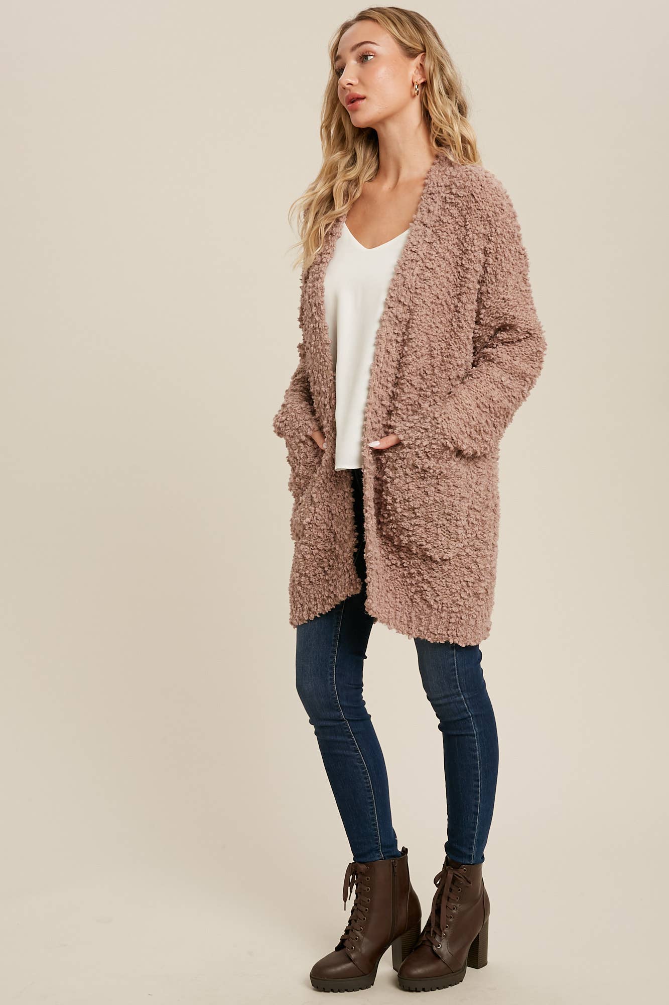 FLUFFY BOUCLÉ OPEN FRONT CARDIGAN: HUNTER GREEN / M/L