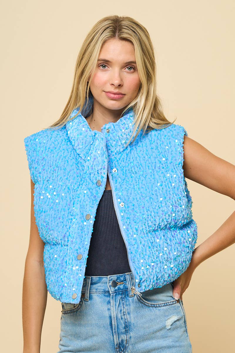 2687- SEQUIN PUFFER VEST: Pink