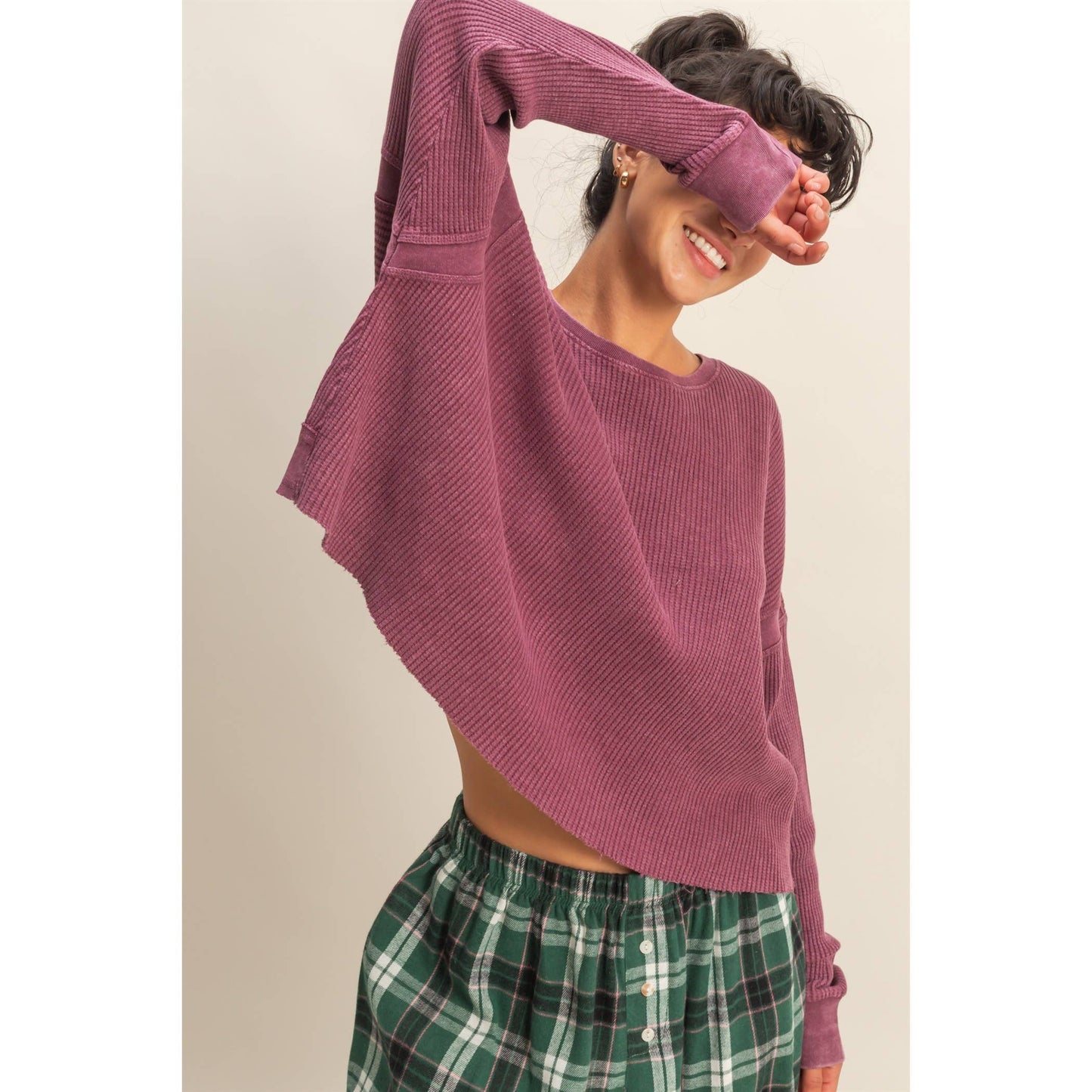 Chic Open Back Textured Knit Long Sleeve Top