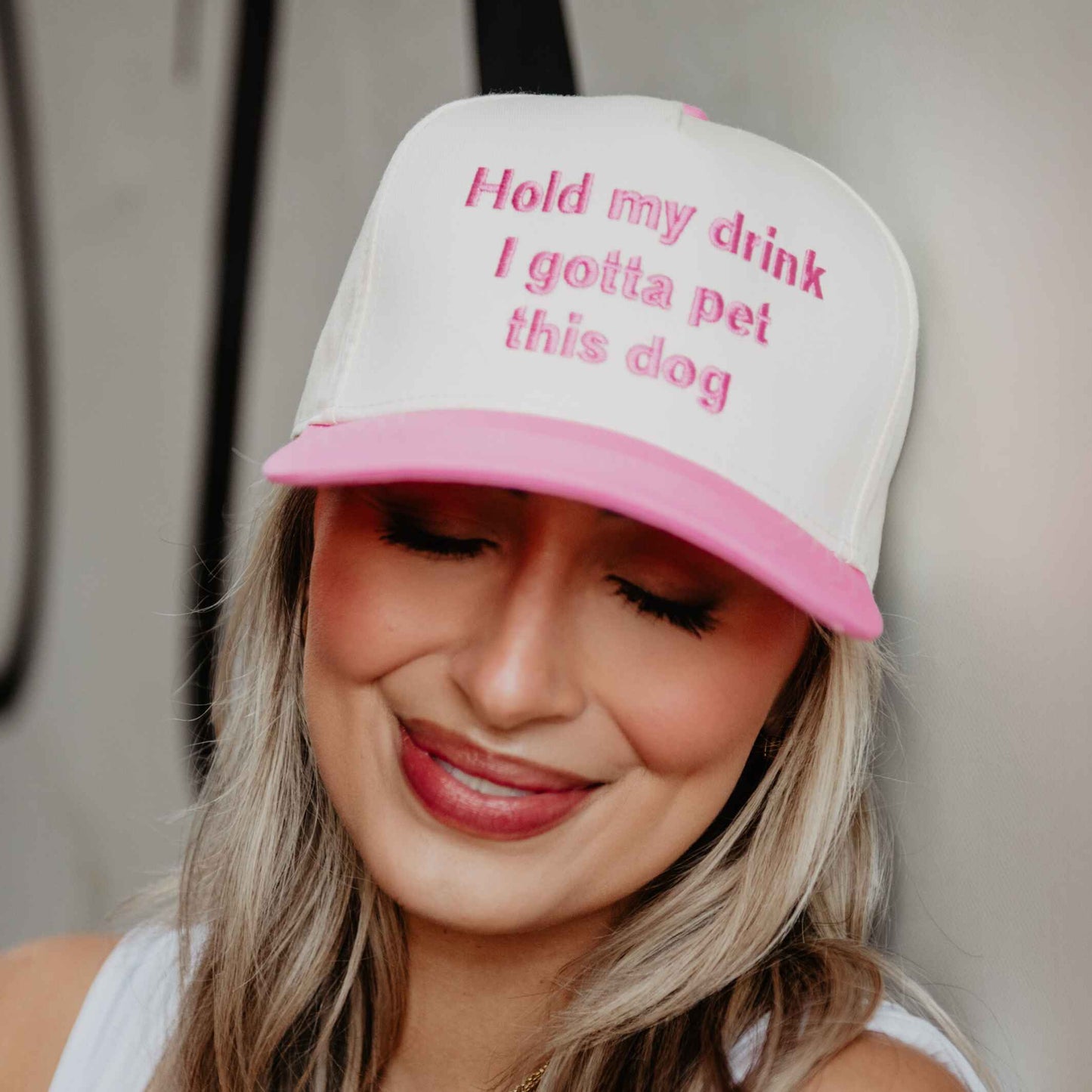 Hold My Drink I Gotta Pet This Dog Vintage Hat: Pink and Tan