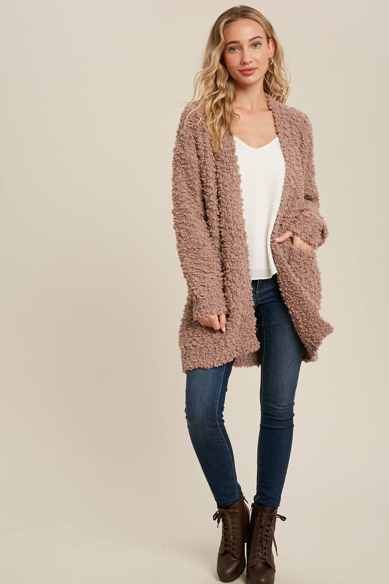 FLUFFY BOUCLÉ OPEN FRONT CARDIGAN: HUNTER GREEN / M/L
