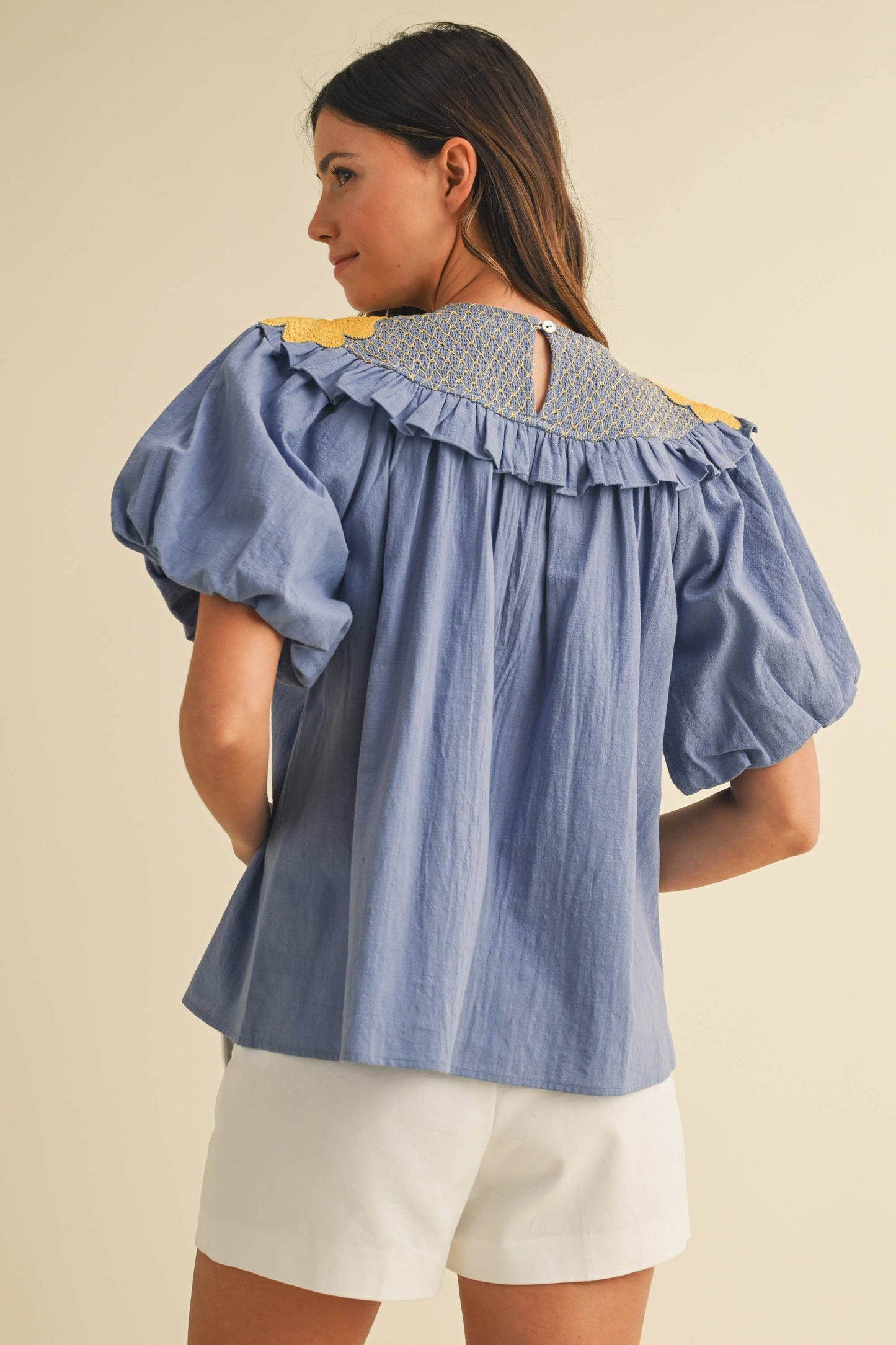 Floral Embroidered Smocking Detail Woven Blouse: DENIM BLUE/GOLD