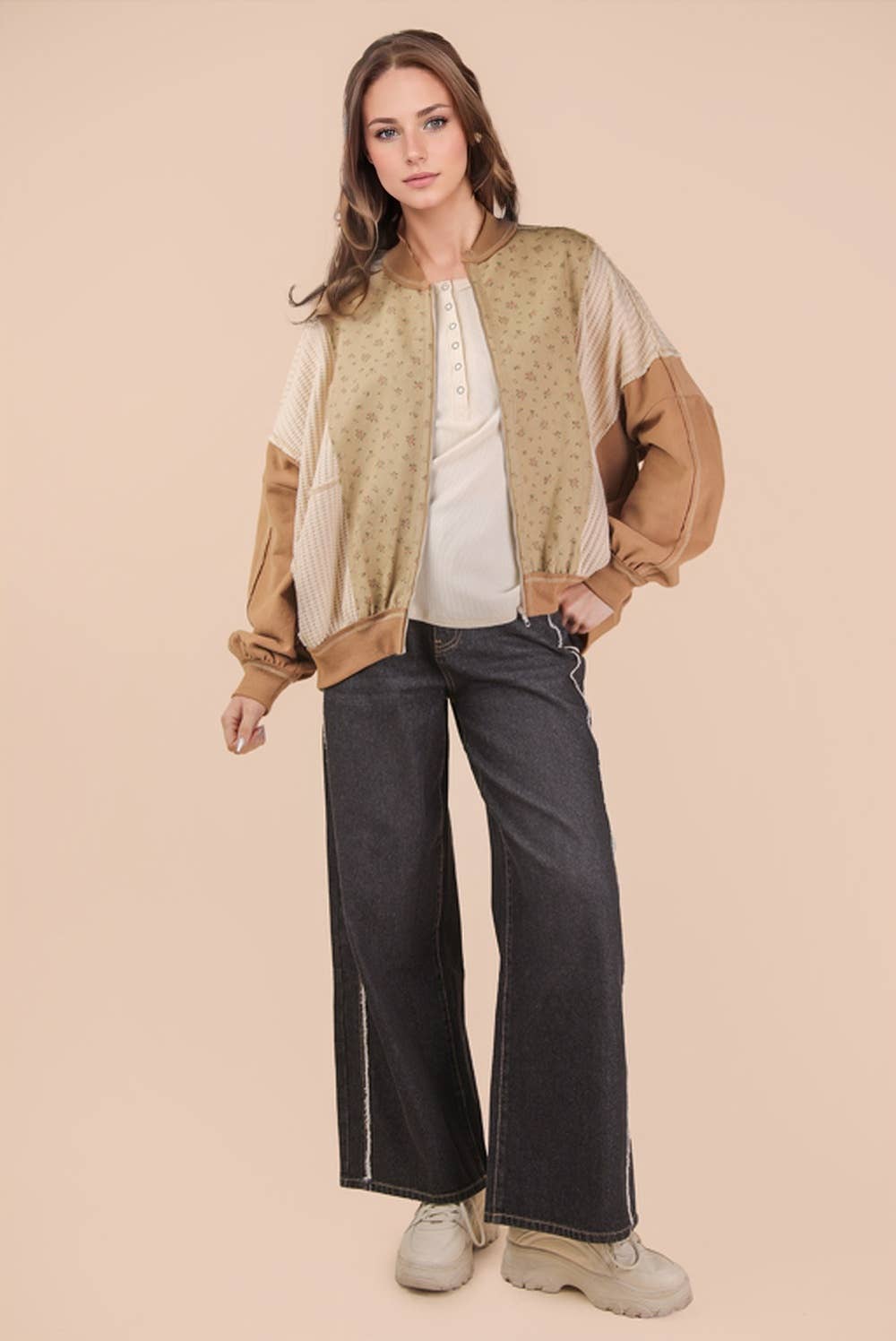 NJ90441-Floral Printed Contrast Knit Oversized Jacket: OATMEAL pre-order