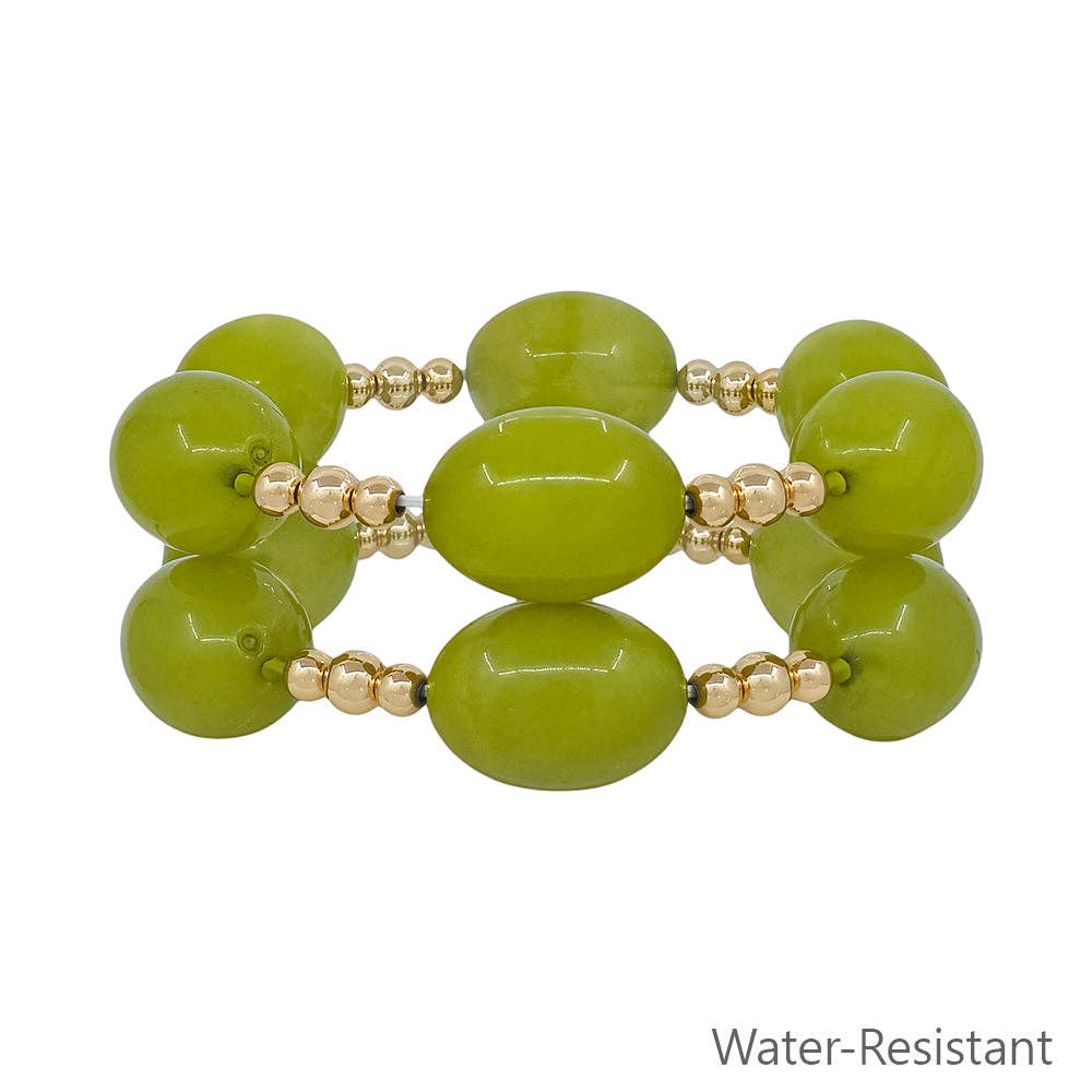 Water Resistant Acrylic Olive Green Oval and Gold Beaded Set of 2 Stretch Bracelet