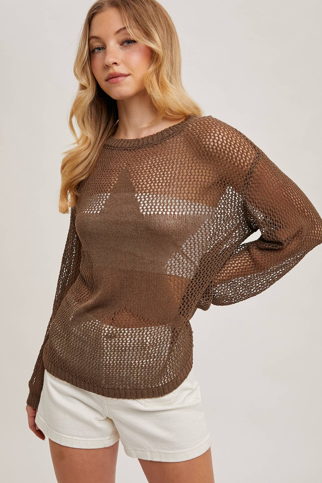 SHEER STAR OPEN KNIT PULLOVER NO LINING: MOCHA / L