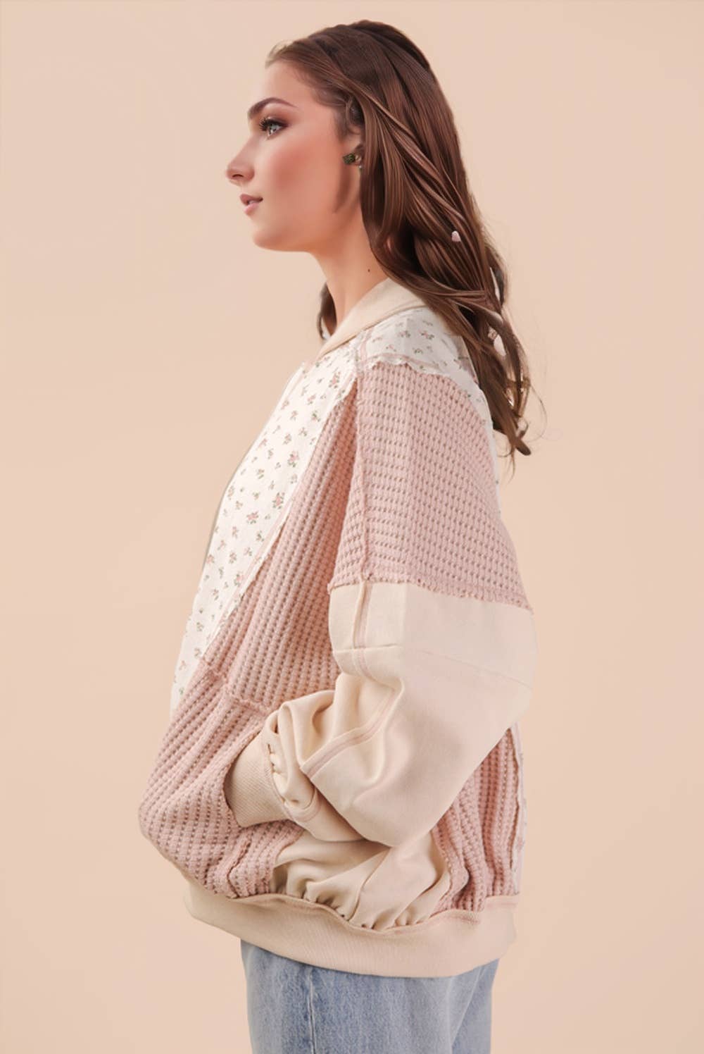 NJ90441-Floral Printed Contrast Knit Oversized Jacket: OATMEAL pre-order