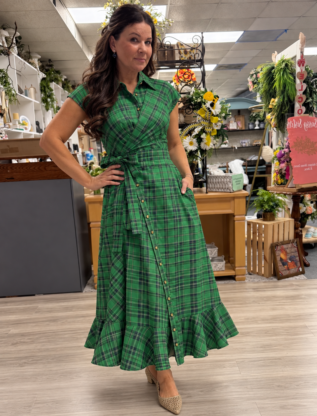 Emerald Enchantment Plaid Maxi Dress