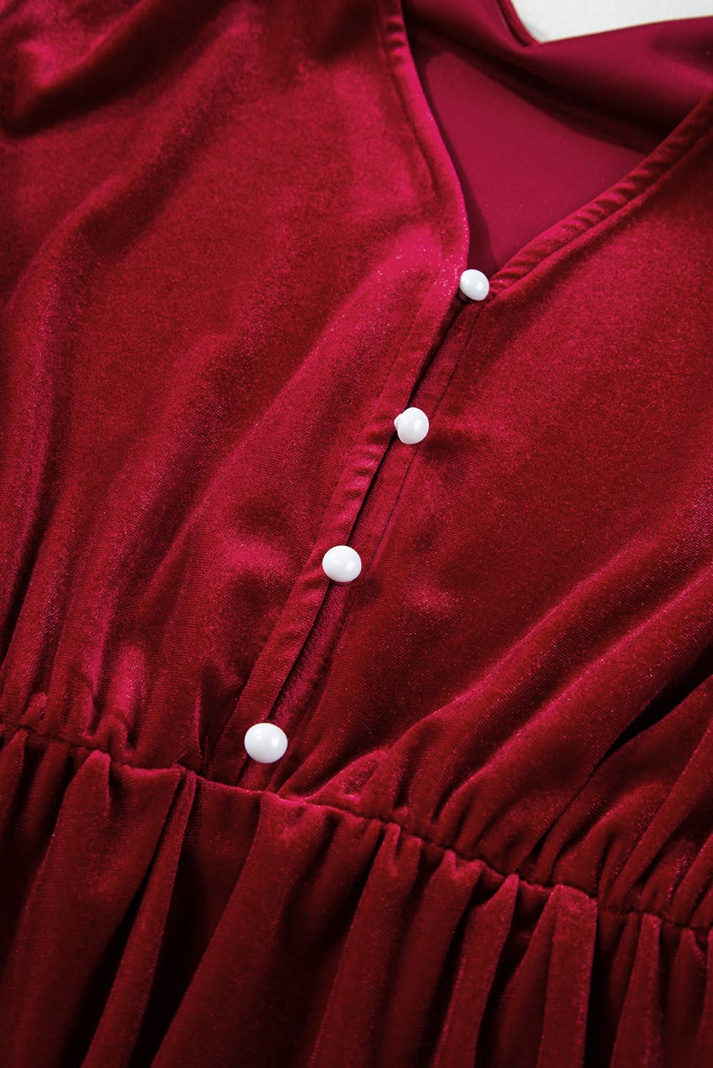 Velvet Buttoned Puff Sleeve Split Midi Dress: Racing Red / 95%Polyester+5%Elastane / L