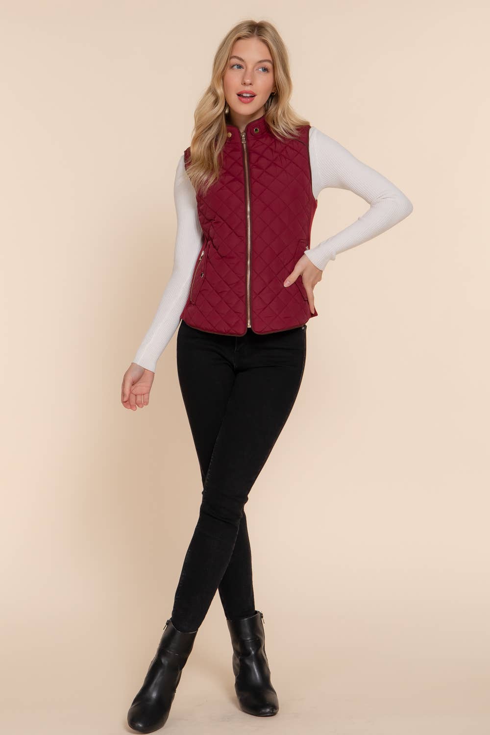 Suede Piping Detail Rib Quilted Padding Vest: TPE-pale taupe / L