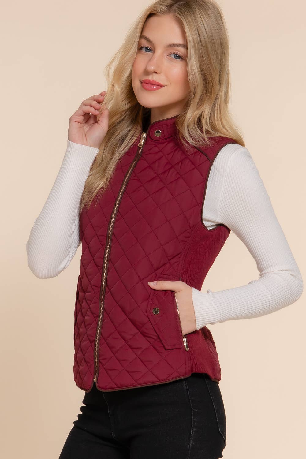 Suede Piping Detail Rib Quilted Padding Vest: TPE-pale taupe / L