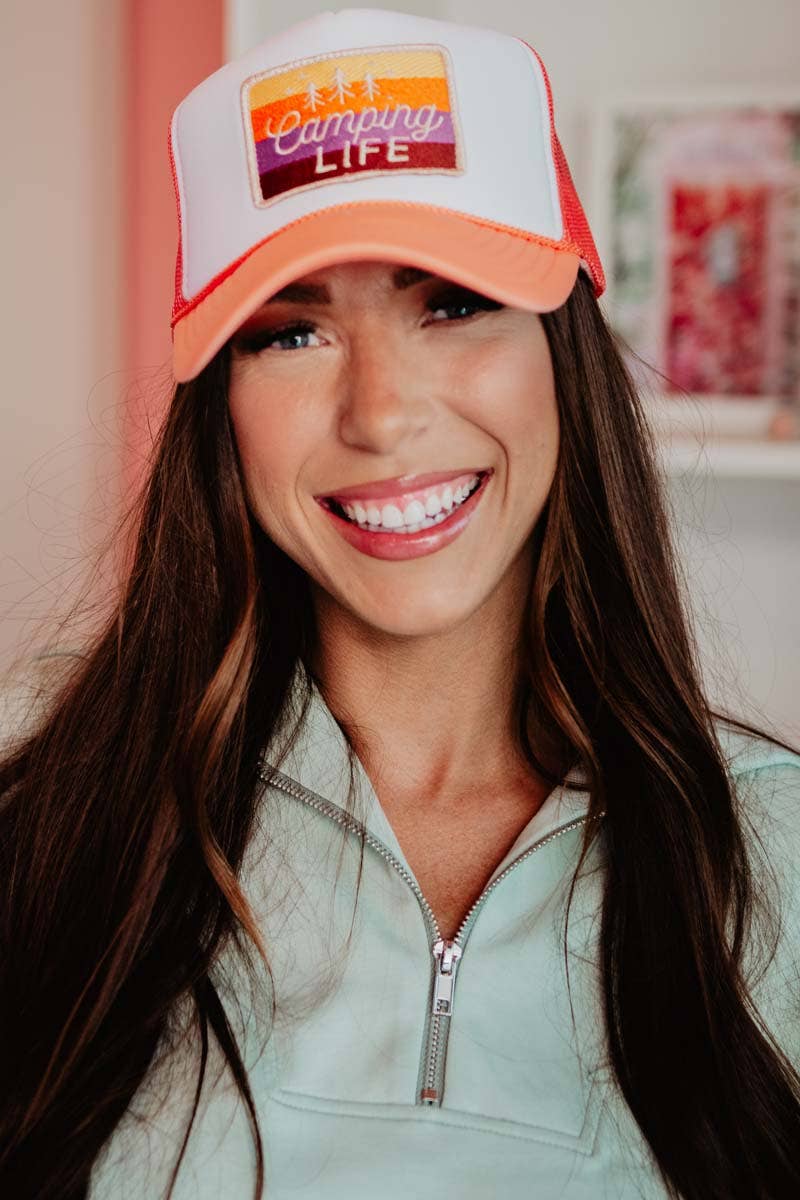 Camping LIFE Patch Foam Trucker Cap Wholesale: Coral and White