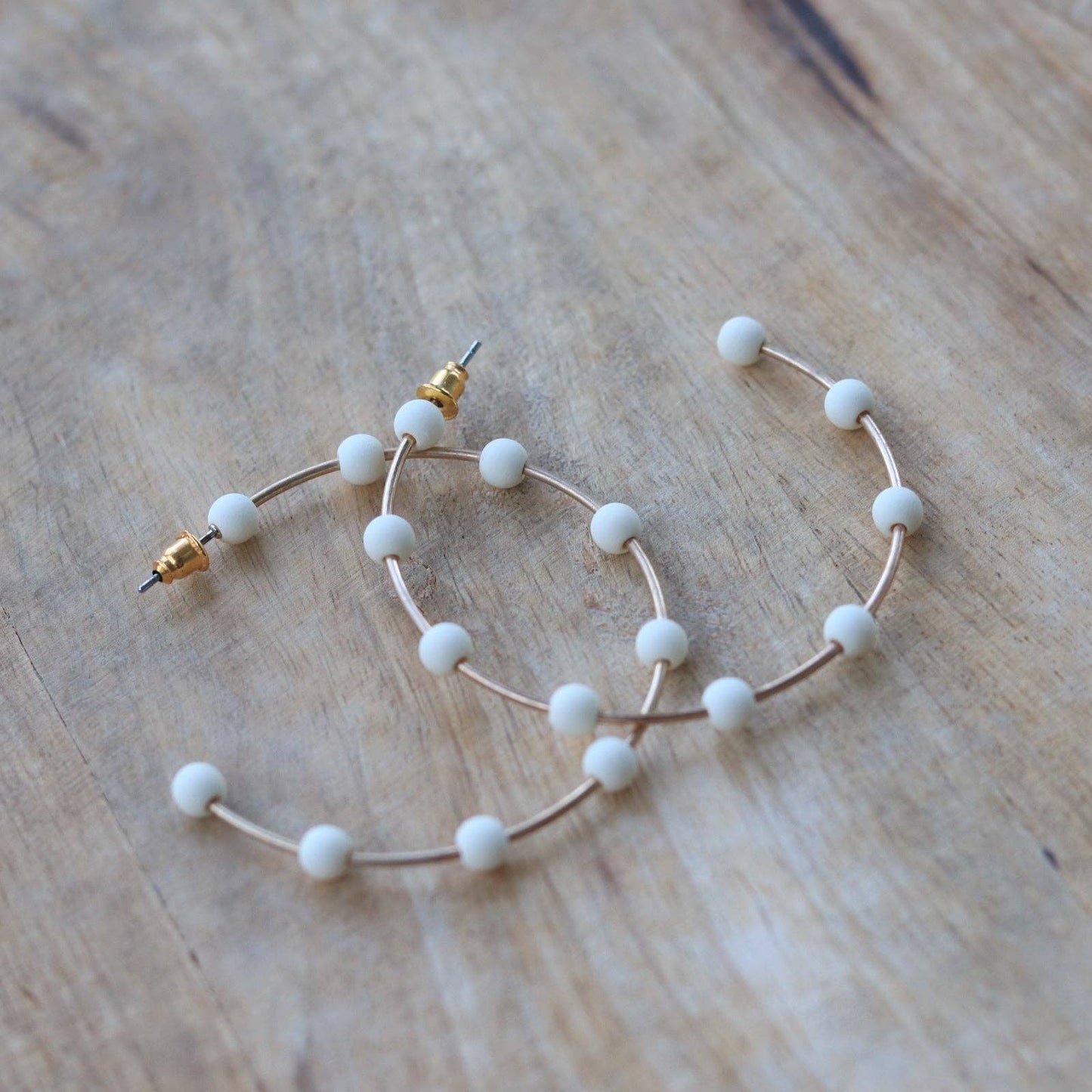 Cream & Gold Bead Hoop Earrings | Polymer Clay Bead Hoop