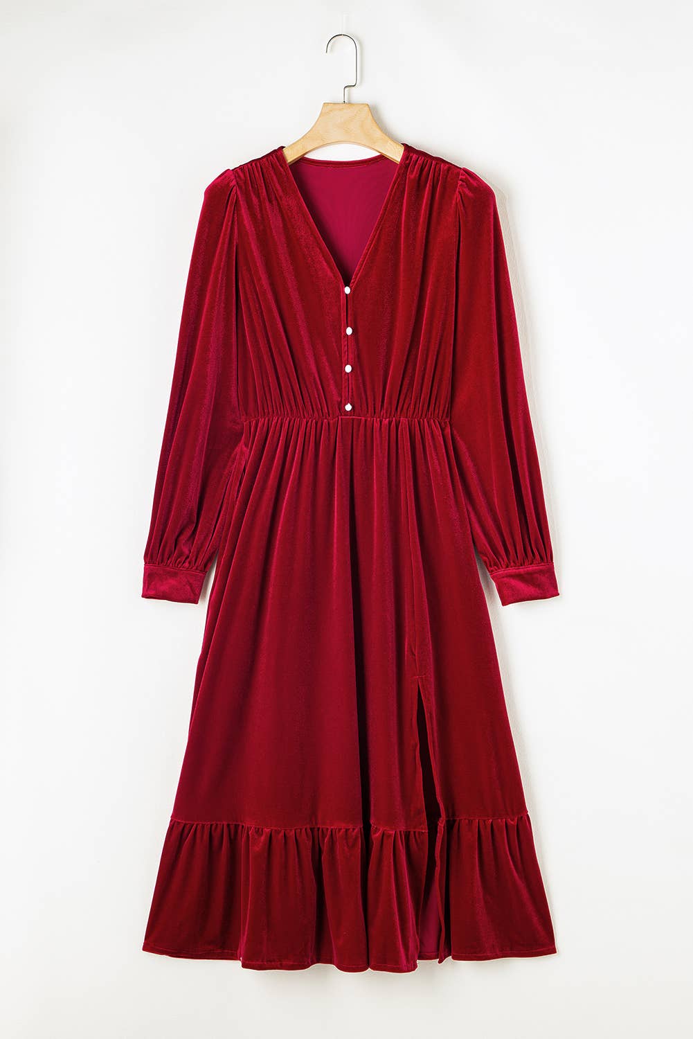Velvet Buttoned Puff Sleeve Split Midi Dress: Racing Red / 95%Polyester+5%Elastane / L
