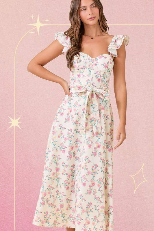 Floral Printed Ruffle Sleeve Midi Dress: IVORY MULTI