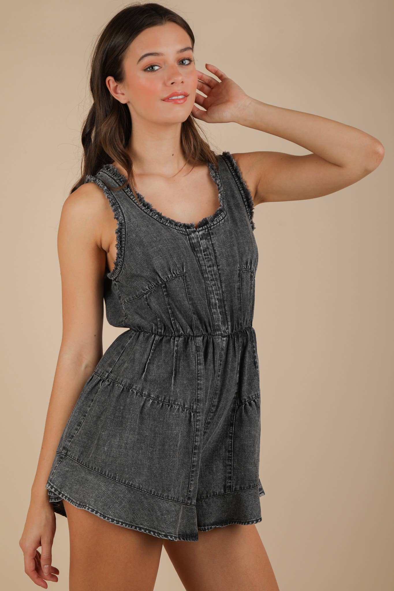 NP70788-Washed Chambray Denim Frayed Romper