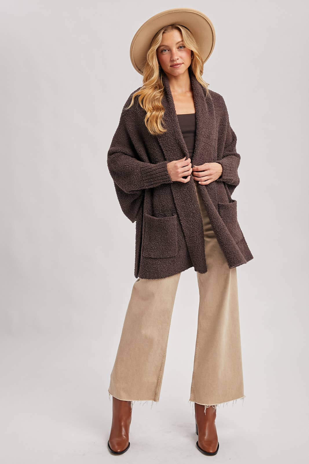 OPEN FRONT BLANKET WRAP BOUCLE KNIT SWEATER CARDIGAN: LATTE / One Size