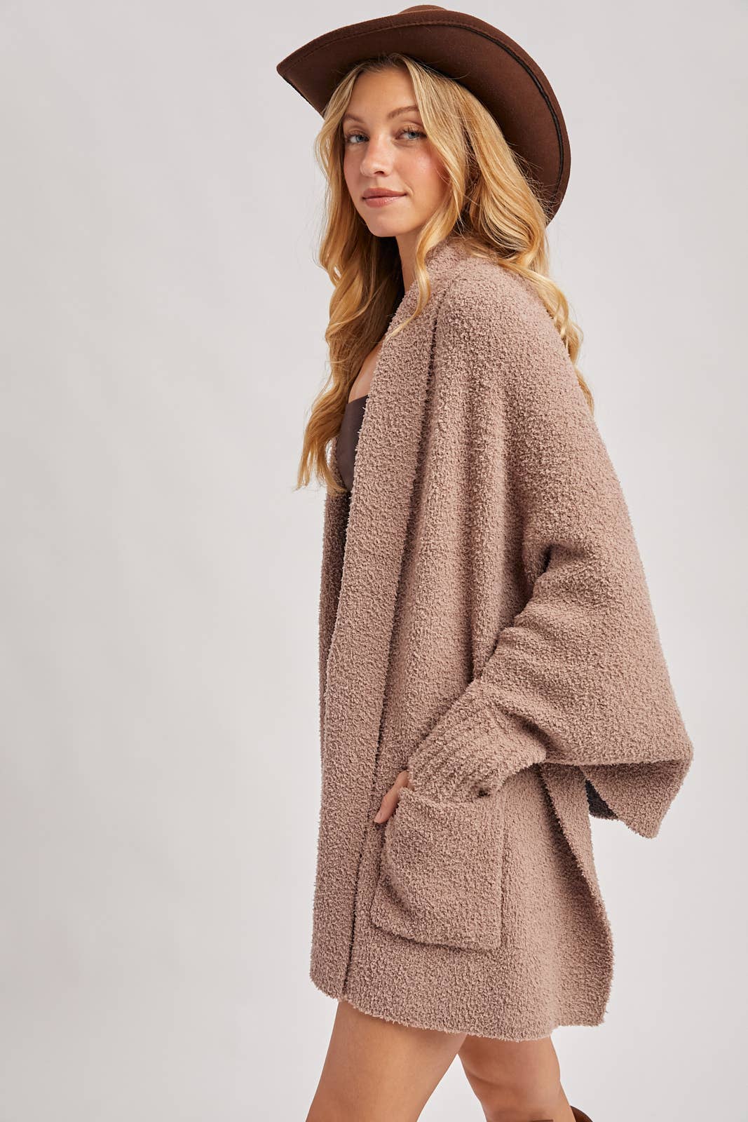OPEN FRONT BLANKET WRAP BOUCLE KNIT SWEATER CARDIGAN: LATTE / One Size
