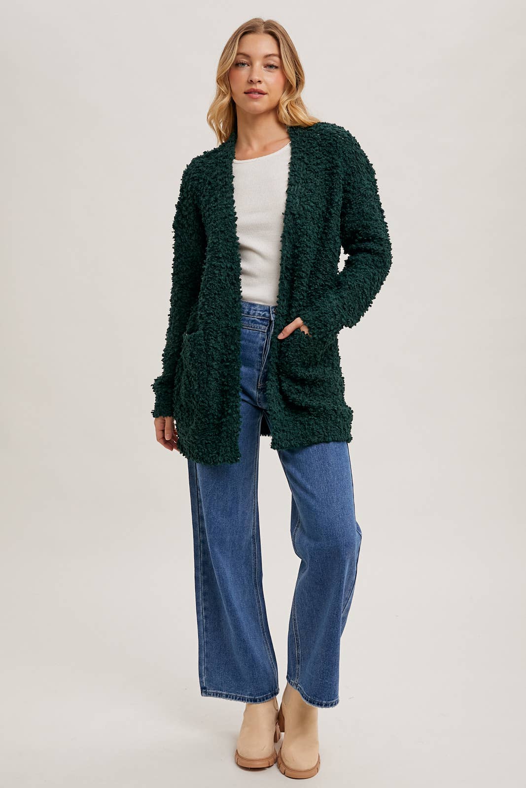 FLUFFY BOUCLÉ OPEN FRONT CARDIGAN: HUNTER GREEN / M/L