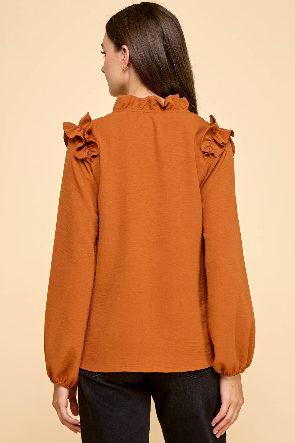 Ruffle Shoulder V-Neck Blouse: Adobe
