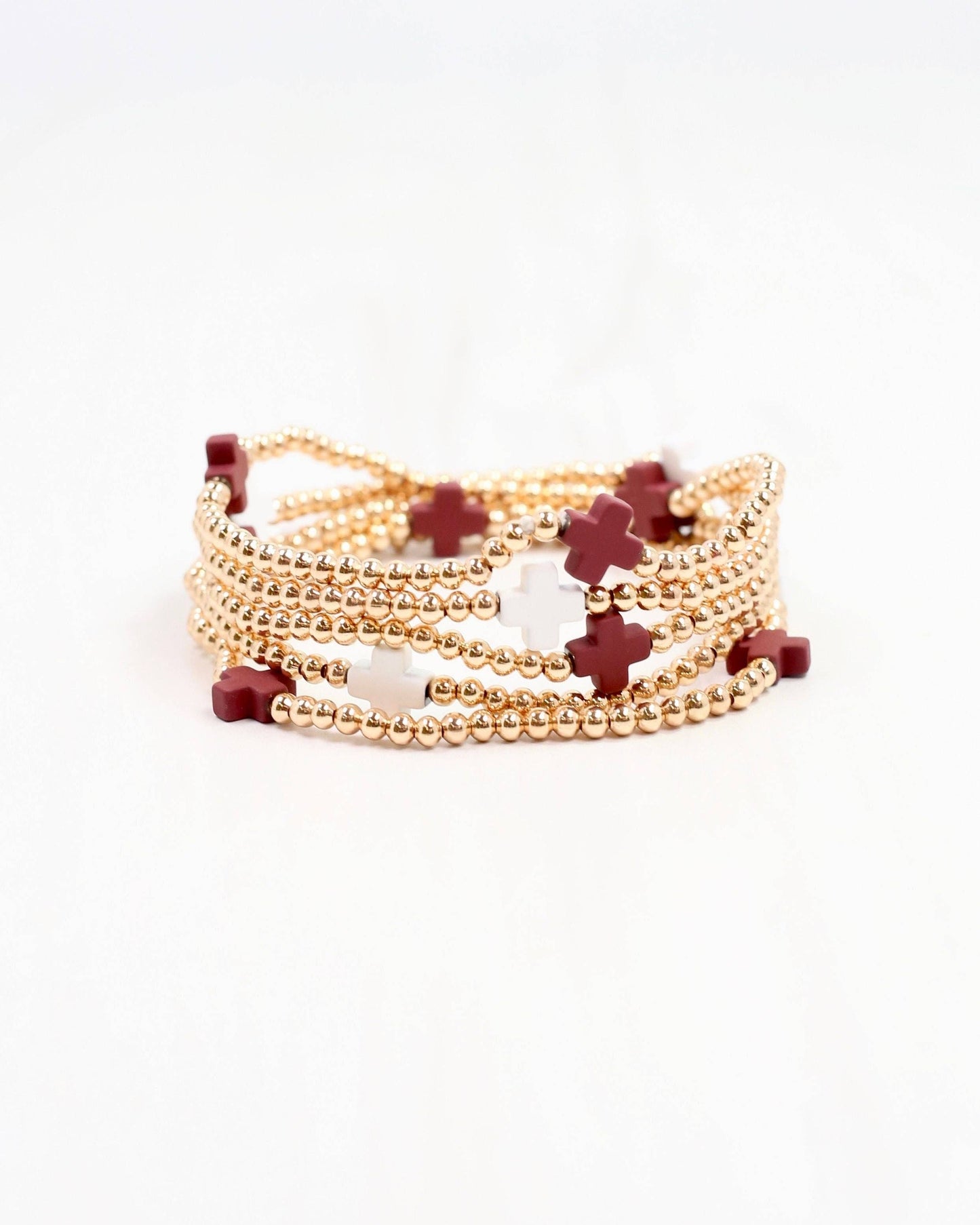 Brittany Cross Bracelet Set Maroon White: Default