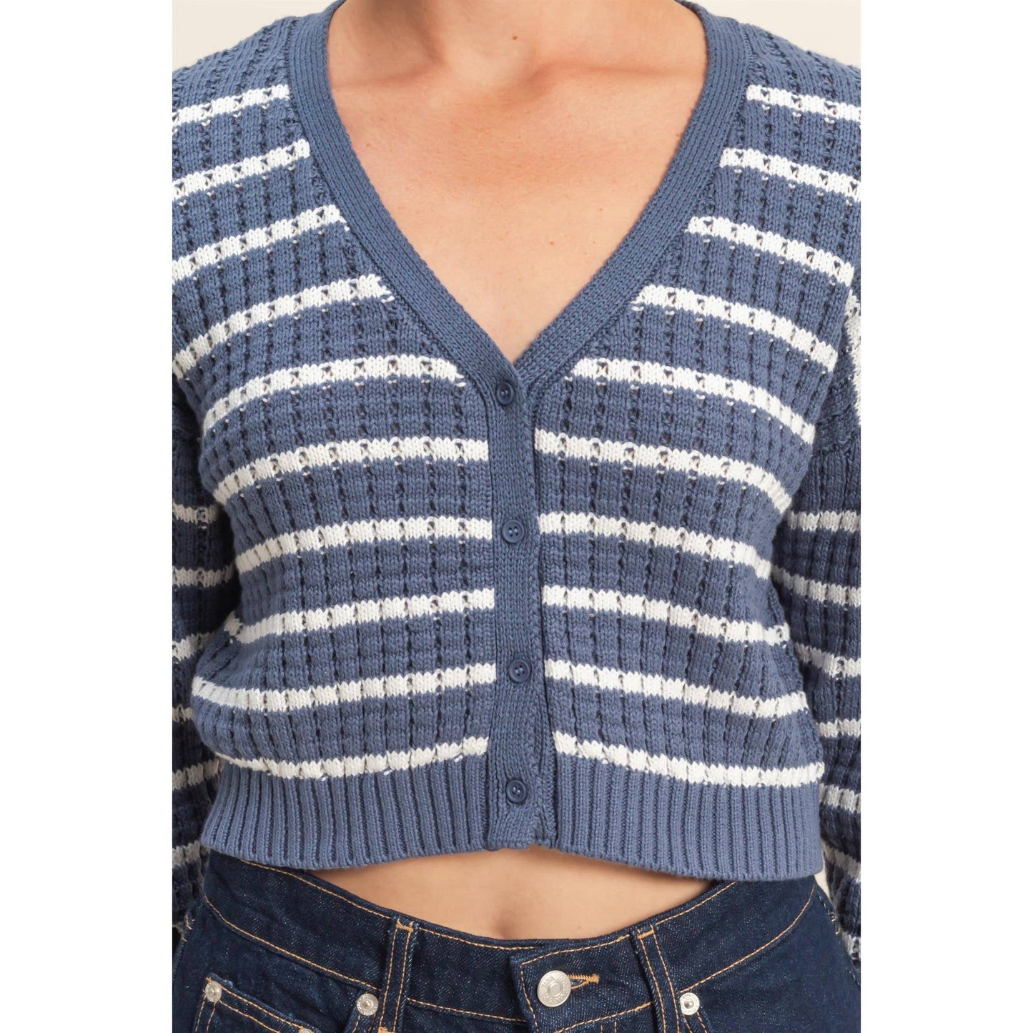 Striped Long Sleeve Buttoned Sweater Cardigan: DUSTY NAVY/WHITE