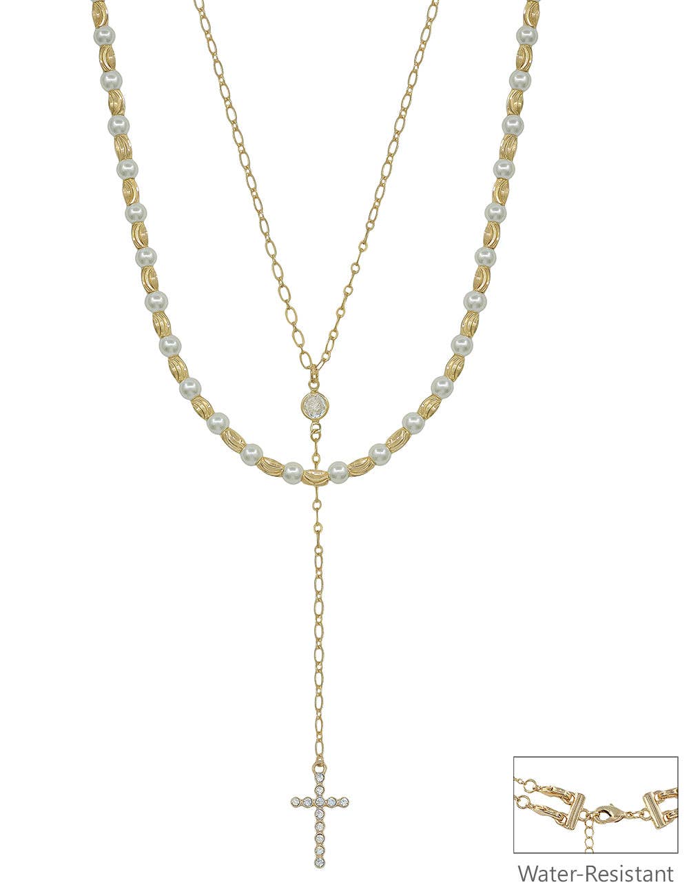 Water Resistant Gold and Pearl Layered with Y Drop Crystal Cross 16"-18" Necklace