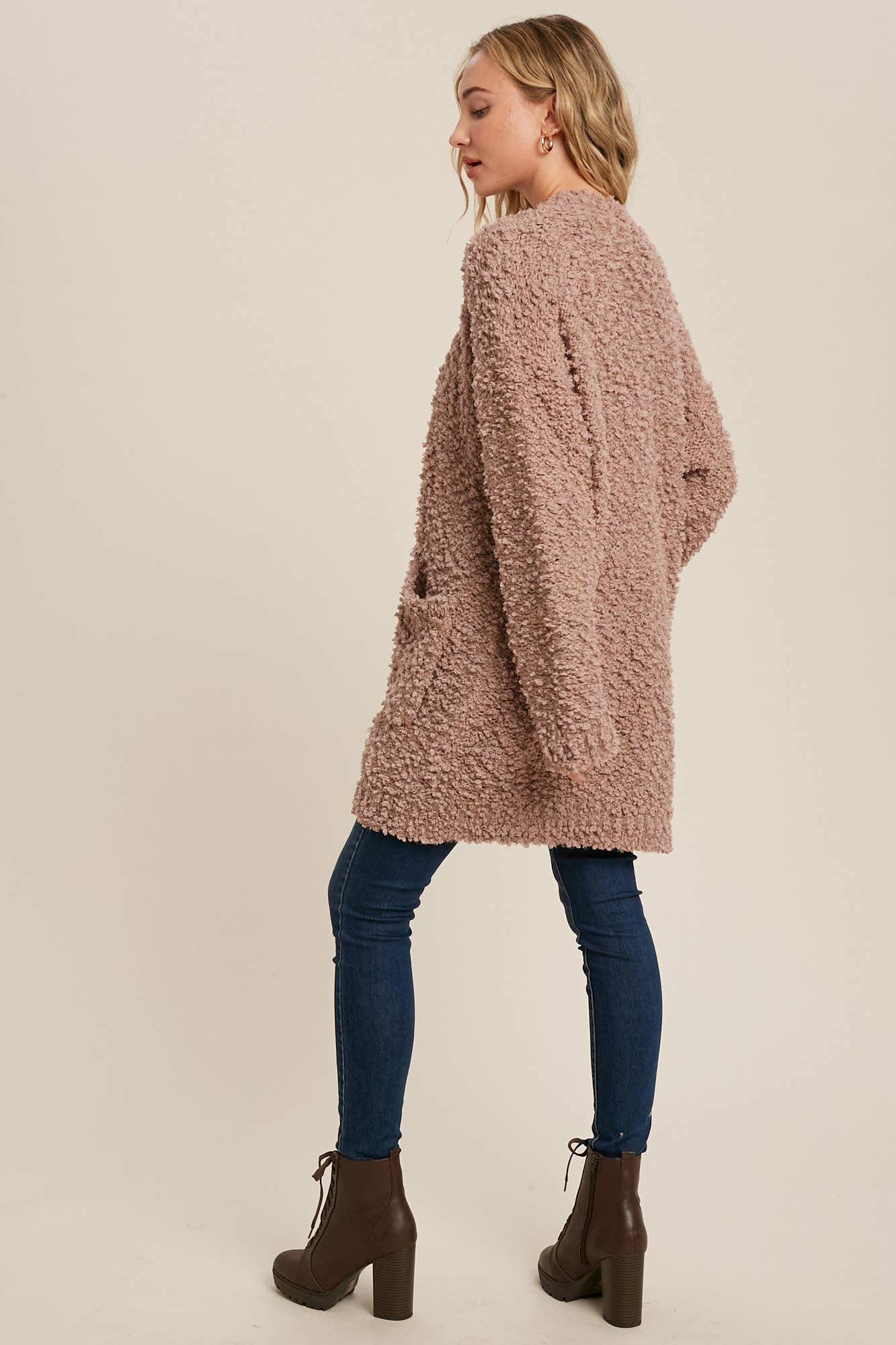 FLUFFY BOUCLÉ OPEN FRONT CARDIGAN: HUNTER GREEN / M/L